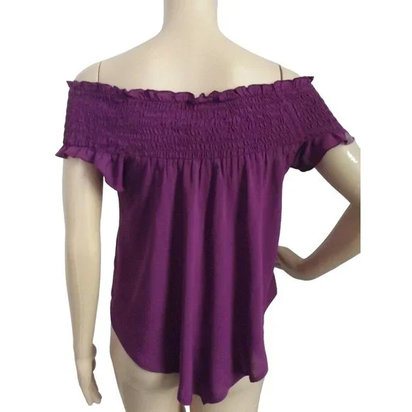 Express XS Purple Smocked Off The Shoulder Blouse asymmetrical hem top (0-2) - Picture 5 of 8